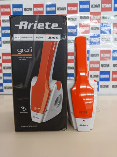 Ariete 447 - Rallador Eléctrico Resistente al Agua, 120W, acero inoxidable, Permite rallar queso, pan y frutos secos, desmontable, batería integrada recargable con autonomía de 1000 h, blanco, naranja